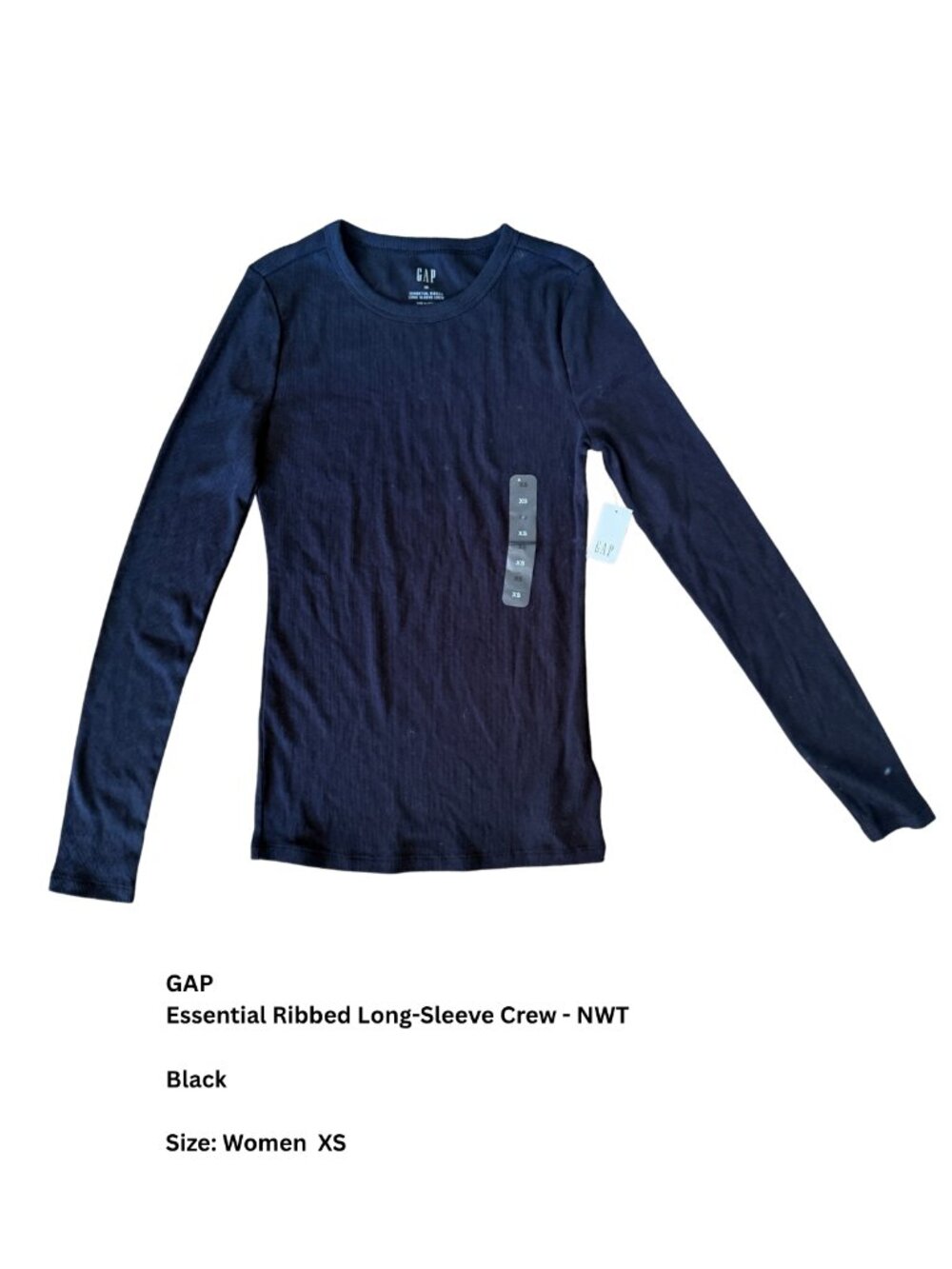 GAP Essential Ribbed Long-Sleeve Crew, Black, XS, NWT